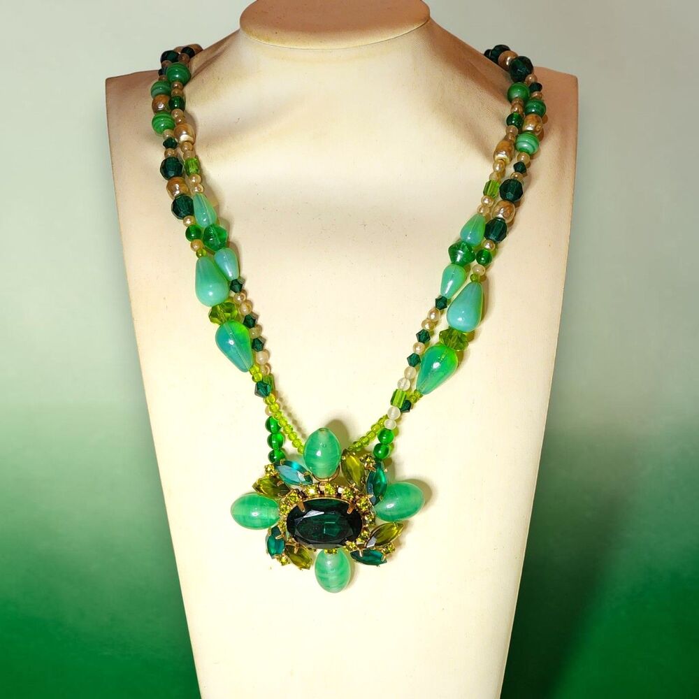 Vintage OOAK Green Cat's Eye Glass Beaded Necklace Rhinestone Brooch Statement